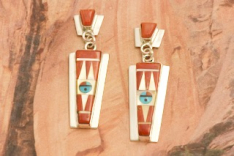 Zuni Indian Jewelry Genuine Coral Sterling Silver Post Earrings